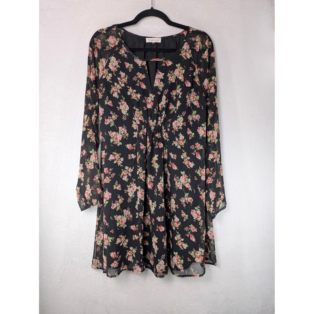 Sugar + Lips Dress Womens Large Black Floral Sheer Long Sleeve‎ Romantic